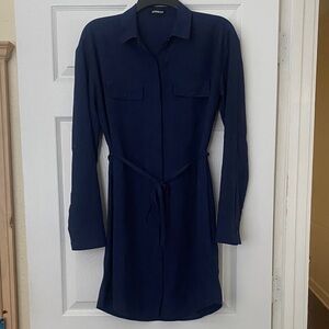 Express Navy Long-Sleeve Sheer Dress with Belt